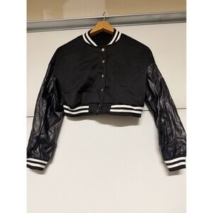 Women's Cropped Varsity Jacket Black Faux Leather Sleeves Snap Button